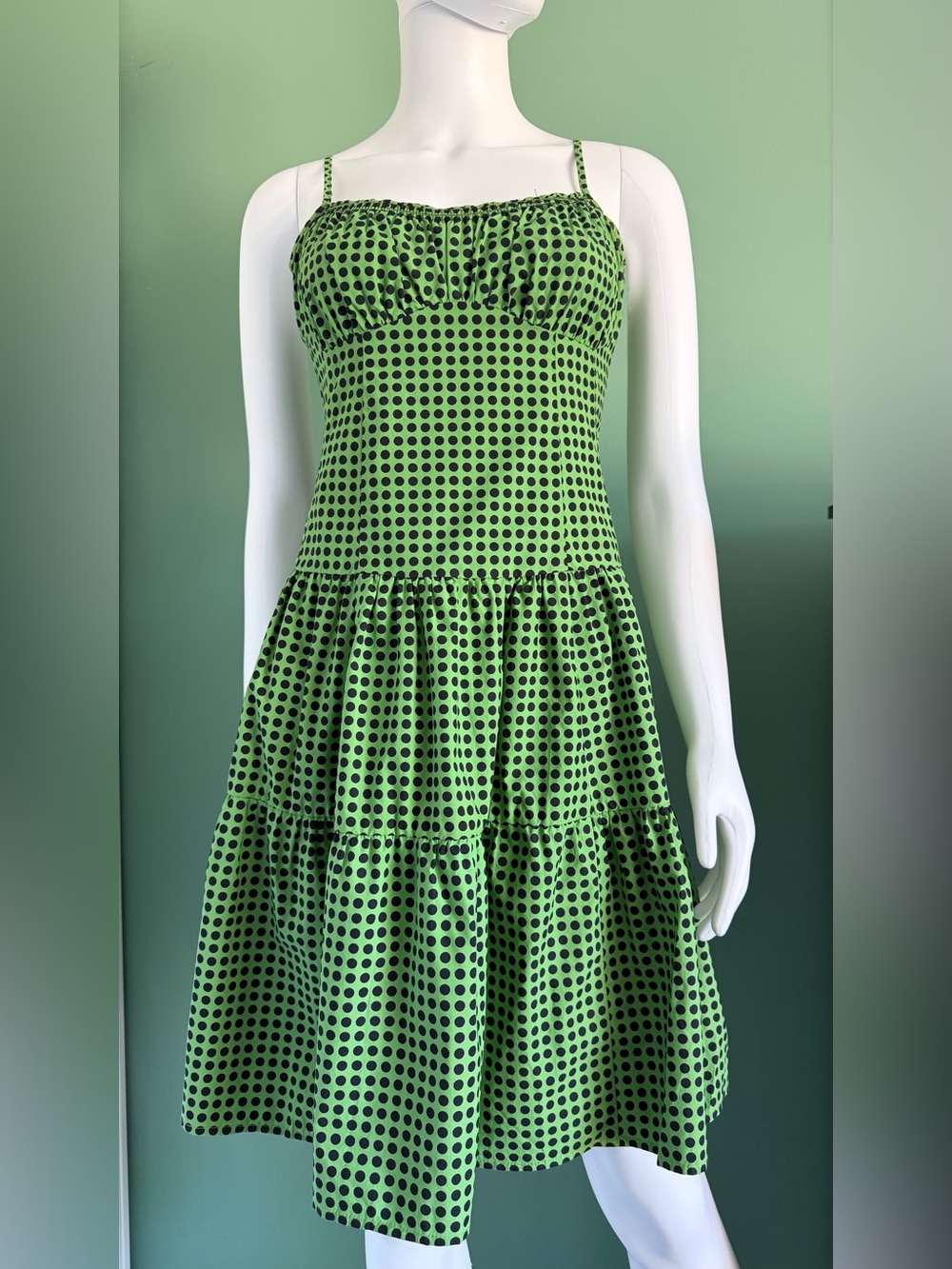 Nanette Lepore Green and Black Polka Dot Tiered Midi Dress